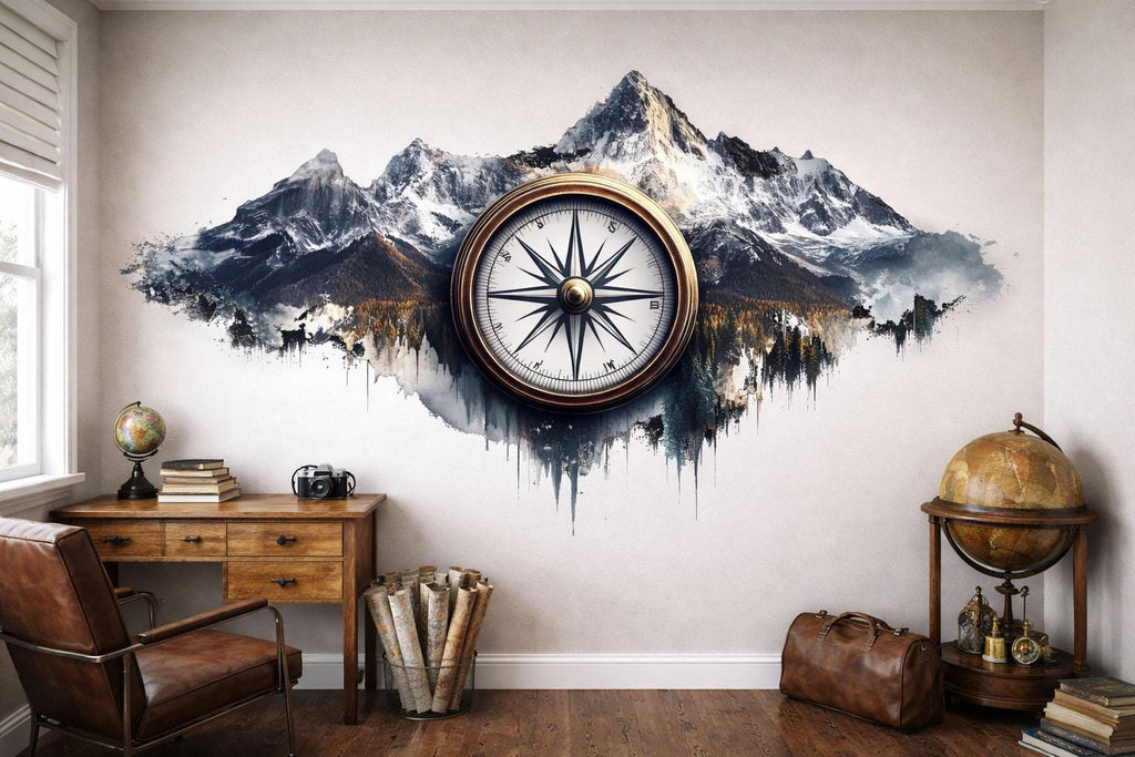 Compass Mountain Wallpaper Vintage Wall Decal Adventure Wall Mural Peel And Stick Wallpaper Office Living Room Rustic Luxury Wall Decor