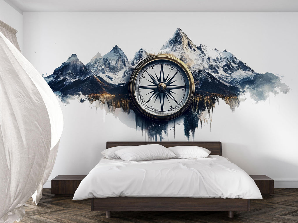 Compass Mountain Wallpaper Vintage Wall Decal Adventure Wall Mural Peel And Stick Wallpaper Office Living Room Rustic Luxury Wall Decor
