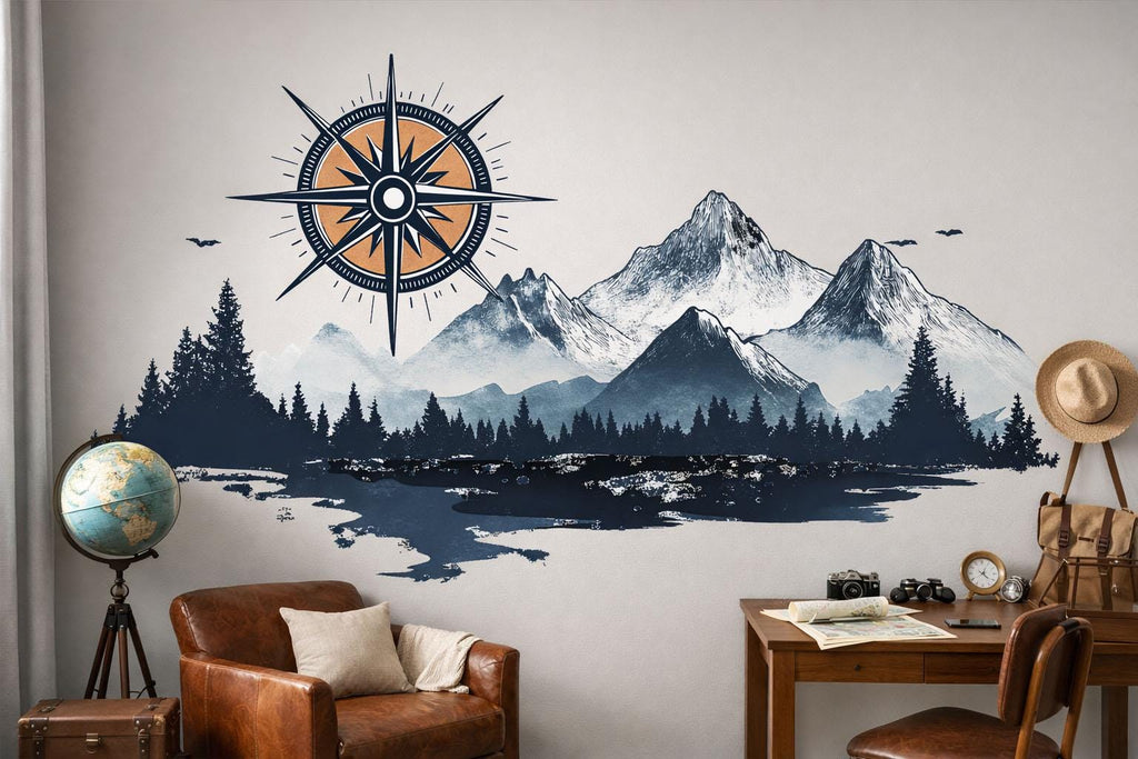 Compass Mountain Wallpaper Adventure Wall Decal Forest Wall Mural Peel And Stick Wallpaper Bedroom Office Modern Nature Wall Decor