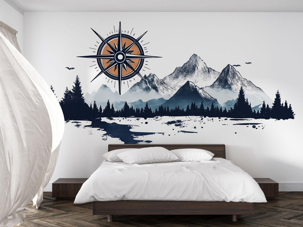 Compass Mountain Wallpaper Adventure Wall Decal Forest Wall Mural Peel And Stick Wallpaper Bedroom Office Modern Nature Wall Decor