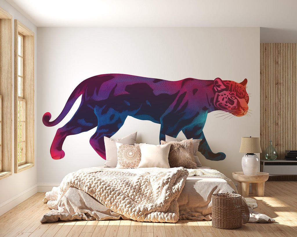 Neon Panther Wall Decal Colorful Animal Sticker Kids Room Decor Modern Jungle Wall Art Removable Vinyl Bedroom Nursery Decor, 201gm