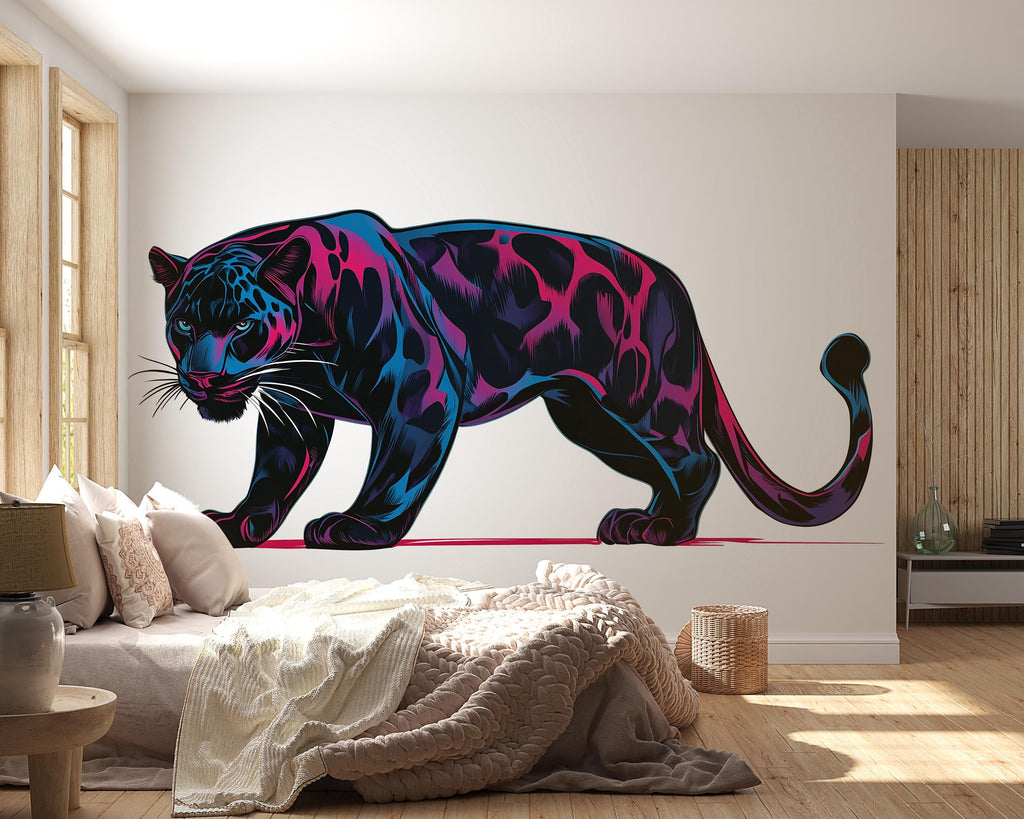 Black Panther Wall Decal Neon Animal Sticker Modern Wall Art Jungle Decor Large Vinyl Wall Sticker Bedroom Decor, 202gm