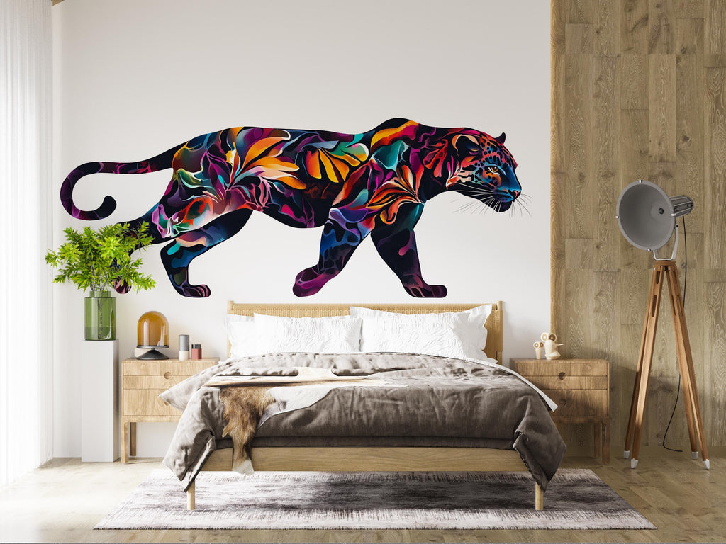 Colorful Panther Wall Decal Abstract Animal Wall Art Modern Wall Sticker Jungle Decor Large Vinyl Wall Sticker Bedroom, 204gm
