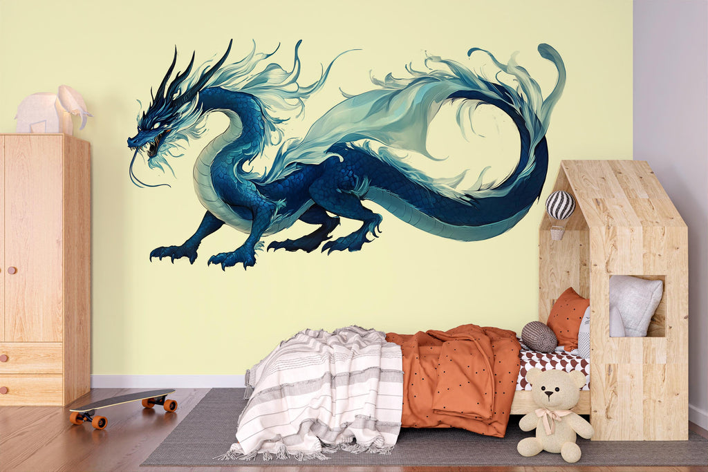 Blue Dragon Wall Decal Fantasy Wall Sticker Dragon Wall Art Kids Room Decor Large Vinyl Wall Sticker Nursery Decor, 205gm