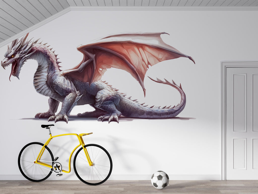 White Dragon Wall Decal Fantasy Wall Sticker Kids Room Decor Dragon Wall Art Nursery Wall Decor Large Vinyl Sticker, 208gm