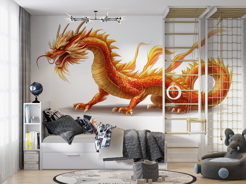 Chinese Dragon Wall Decal Gold Dragon Wall Art Asian Wall Decor Kids Room Decor Large Vinyl Wall Sticker Nursery, 209gm