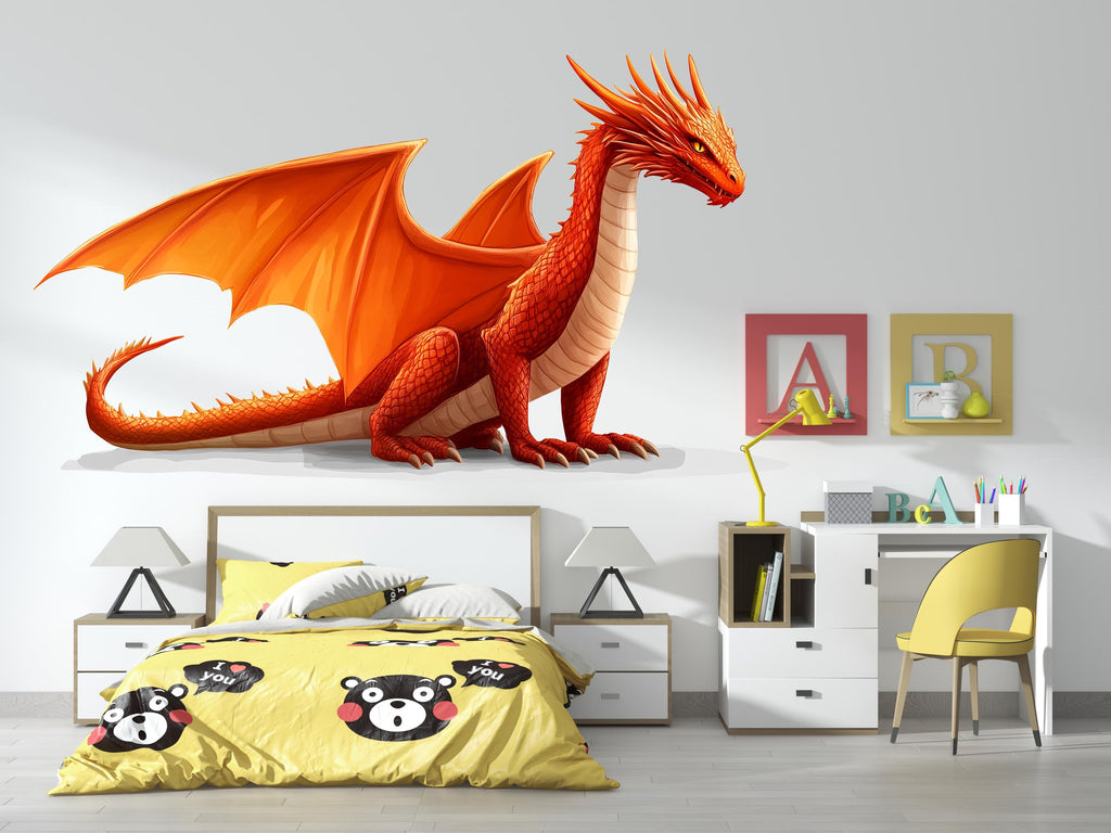 Orange Dragon Wall Decal Kids Room Decor Dragon Wall Art Fantasy Wall Sticker Large Vinyl Wall Sticker Nursery, 210gm
