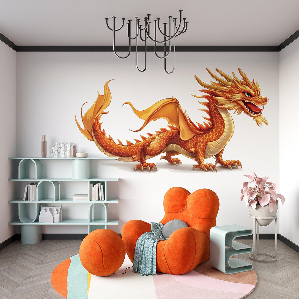 Golden Dragon Wall Decal Kids Room Decor Dragon Wall Art Fantasy Wall Sticker Nursery Decor Large Vinyl Wall Sticker, 211gm