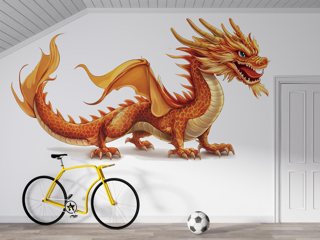 Golden Dragon Wall Decal Kids Room Decor Dragon Wall Art Fantasy Wall Sticker Nursery Decor Large Vinyl Wall Sticker, 211gm