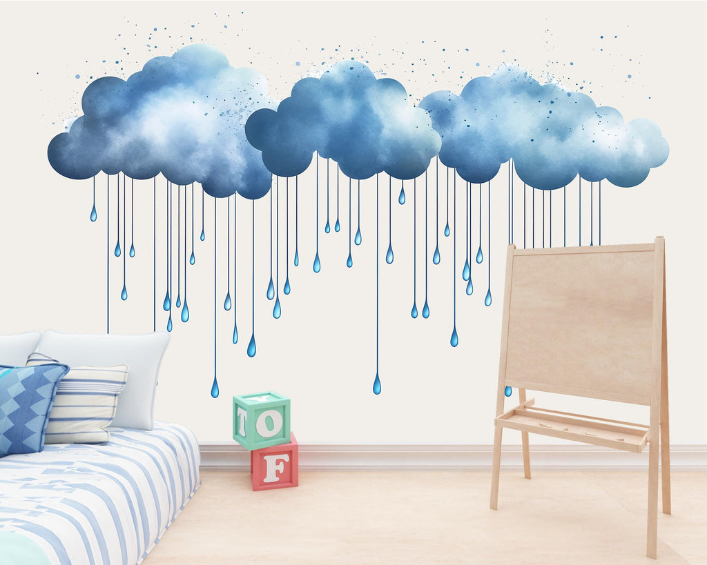 Watercolor Rain Cloud Wall Decal Nursery Wall Decor Blue Cloud Wall Sticker Kids Room Decor Baby Room Vinyl Sticker, 217gm