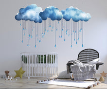 Load image into Gallery viewer, Watercolor Rain Cloud Wall Decal Nursery Wall Decor Blue Cloud Wall Sticker Kids Room Decor Baby Room Vinyl Sticker, 217gm