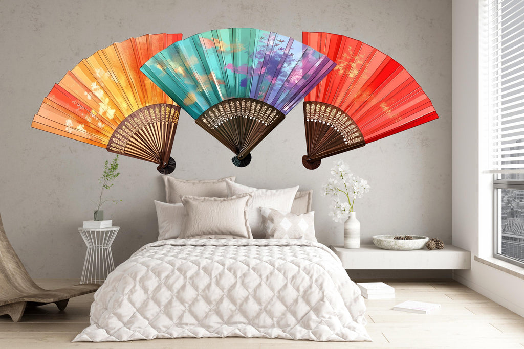 Asian Fan Wall Decal Japanese Wall Art Colorful Folding Fan Sticker Oriental Wall Decor Removable Vinyl, 223gm