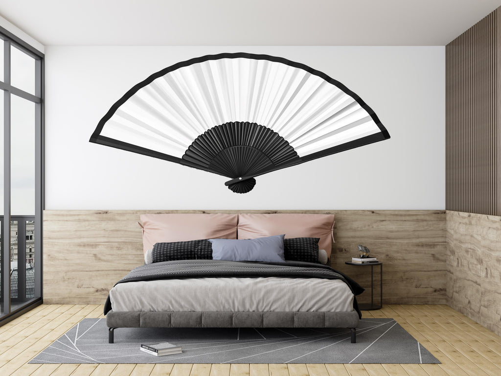 Large Fan Wall Decal Black White Minimalist Wall Art Japanese Fan Decor Modern Living Room Wall Sticker, 225gm