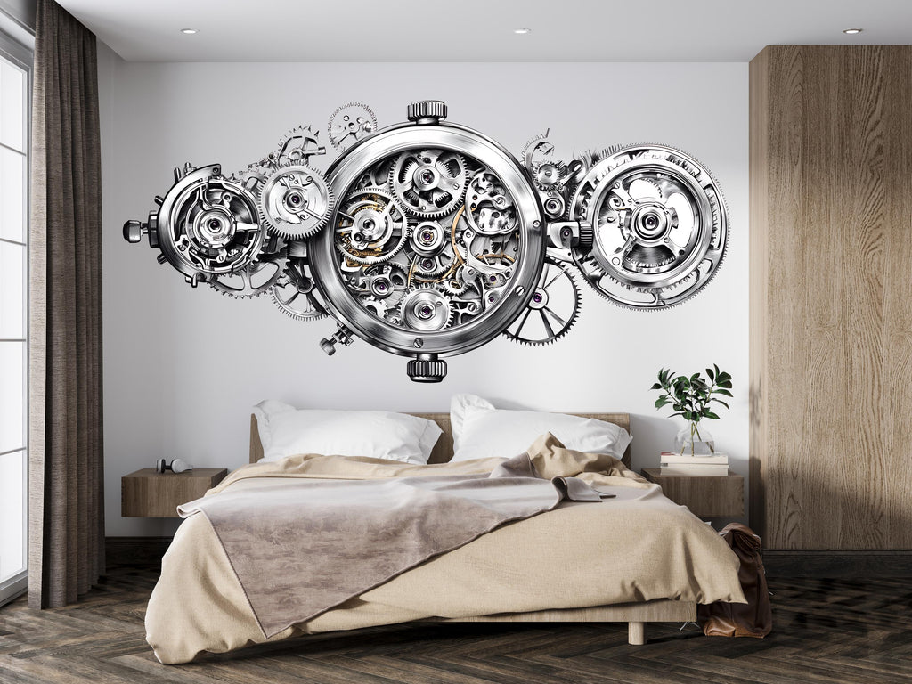 Mechanical Gear Wall Decal Industrial Wall Art Watch Mechanism Wall Sticker Modern Steampunk Decor Vinyl, 228gm