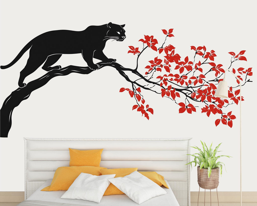 Black Panther Wall Decal Red Leaves Wall Sticker Asian Style Wall Art Minimalist Animal Wall Decor Bedroom, 232gm