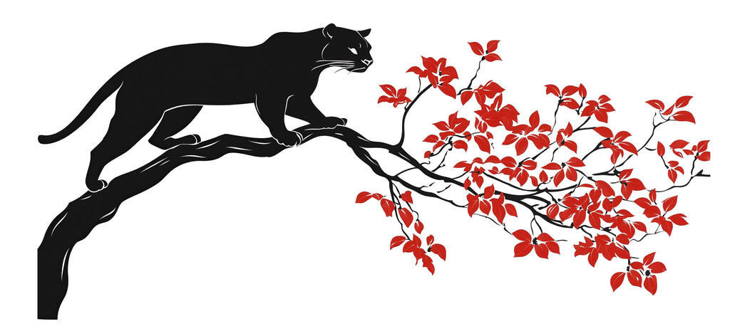Black Panther Wall Decal Red Leaves Wall Sticker Asian Style Wall Art Minimalist Animal Wall Decor Bedroom, 232gm