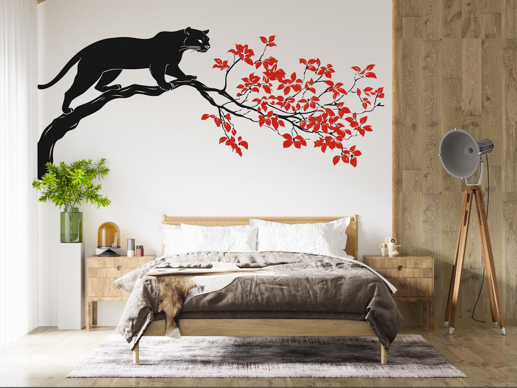 Black Panther Wall Decal Red Leaves Wall Sticker Asian Style Wall Art Minimalist Animal Wall Decor Bedroom, 232gm