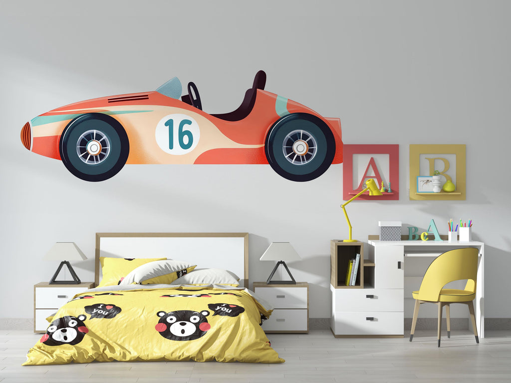 Race Car Wall Decal, Retro Car Wall Sticker, Boys Room Wall Art, Kids Car Decor, Nursery Racing Mural, 517mv