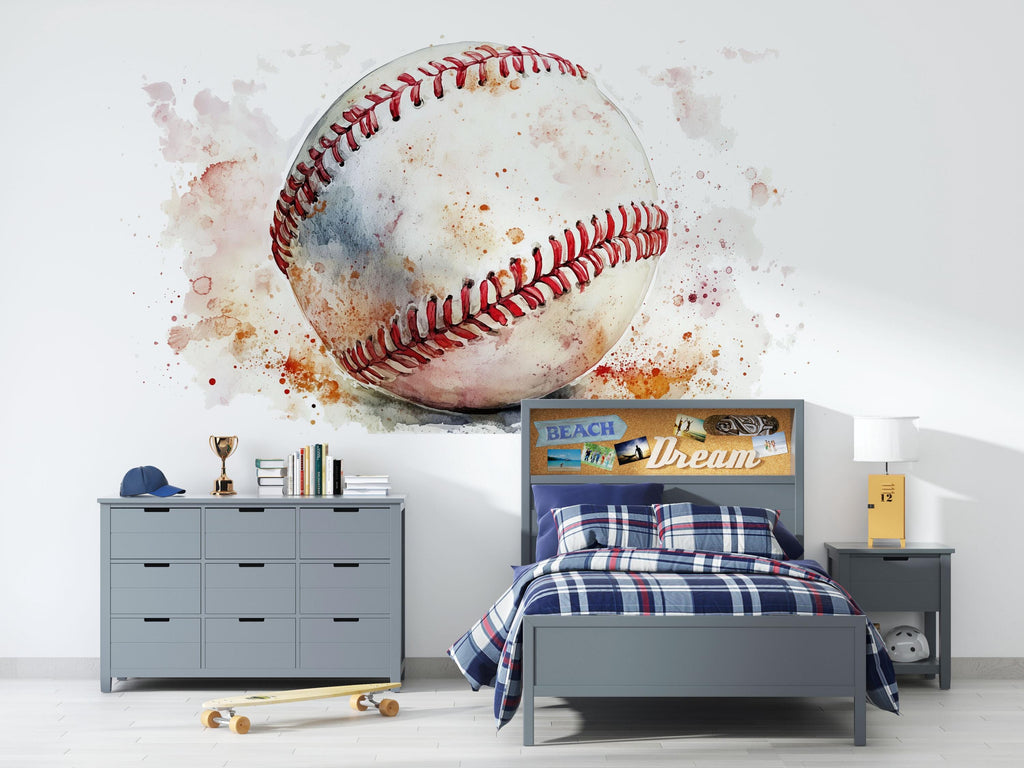 Baseball Wall Decal, Watercolor Baseball Sticker, Boys Room Wall Art, Sports Nursery Decor, Playroom Wall Mural, 525mv