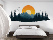 Load image into Gallery viewer, Mountain Forest Wall Decal, Nature Wall Sticker, Sunset Mountain Wall Art, Bedroom Wall Mural, Pine Tree Landscape Decor, 529mv