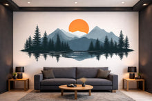 Load image into Gallery viewer, Mountain Lake Wall Decal, Nature Wall Sticker, Forest Mountain Mural, Living Room Wall Art, Sunset Landscape Decor, 530mv