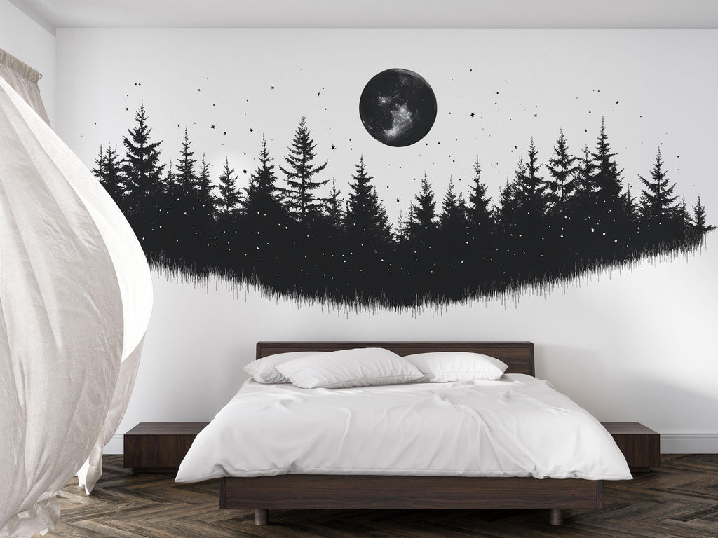 Moon Forest Wall Decal, Black Tree Wall Sticker, Woodland Wall Art, Bedroom Wall Mural, Night Sky Nature Decor, 535mv