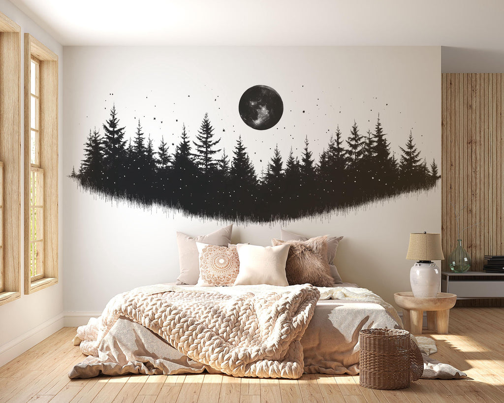 Moon Forest Wall Decal, Black Tree Wall Sticker, Woodland Wall Art, Bedroom Wall Mural, Night Sky Nature Decor, 535mv