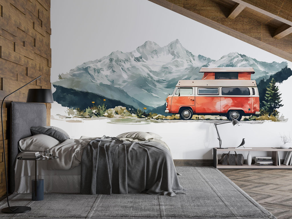Camper Van Wall Decal, Mountain Wall Sticker, Van Life Wall Art, Bedroom Wall Mural, Camping Nature Decor, 537mv