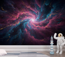 Load image into Gallery viewer, Cosmic Nebula Wallpaper, Magenta Blue Gold Space Wallpaper, Star Cluster Galaxy Art, Deep Space wall decor, Celestial Wall Decor