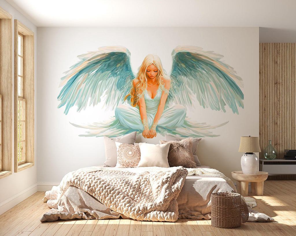 Angel Wall Decal, Large Angel Wings Wall Sticker, Spiritual Bedroom Decor, Guardian Angel Art, Wall Decals, Removable Vinyl, 239gm
