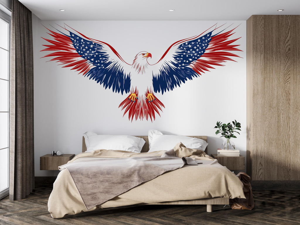 American Eagle Wall Decal, Patriotic Wall Sticker USA Flag Wings, Bald Eagle Wall Art, Independence Day Decor, Large Wall Decal Vinyl, 243gm