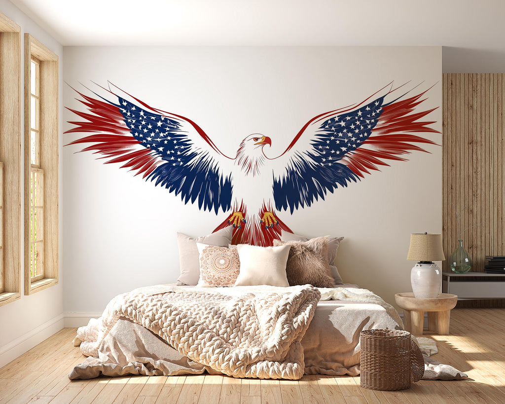 American Eagle Wall Decal, Patriotic Wall Sticker USA Flag Wings, Bald Eagle Wall Art, Independence Day Decor, Large Wall Decal Vinyl, 243gm