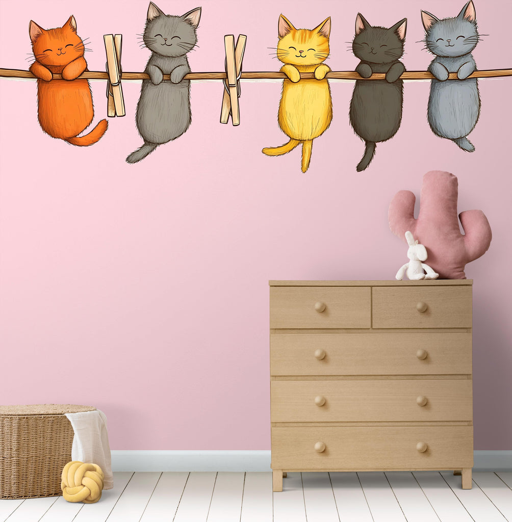Cute Cat Wall Decal, Kittens on Clothesline Wall Sticker, Nursery Animal Wall Art, Kids Room Decor, Cartoon Cat Vinyl Decals, 247gm