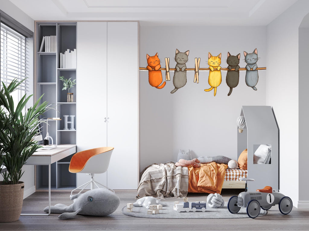 Cute Cat Wall Decal, Kittens on Clothesline Wall Sticker, Nursery Animal Wall Art, Kids Room Decor, Cartoon Cat Vinyl Decals, 247gm