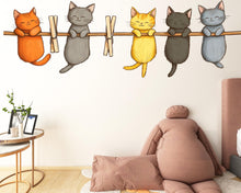 Load image into Gallery viewer, Cute Cat Wall Decal, Kittens on Clothesline Wall Sticker, Nursery Animal Wall Art, Kids Room Decor, Cartoon Cat Vinyl Decals, 247gm