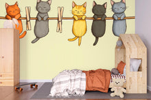 Load image into Gallery viewer, Cute Cat Wall Decal, Kittens on Clothesline Wall Sticker, Nursery Animal Wall Art, Kids Room Decor, Cartoon Cat Vinyl Decals, 247gm