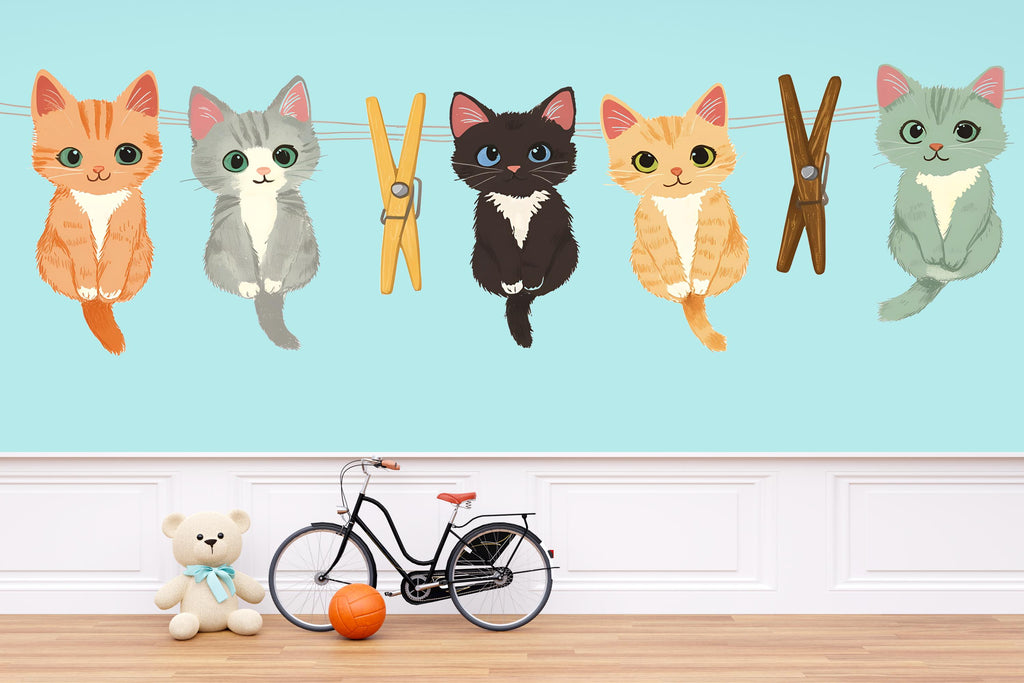 Cute Kitten Wall Decal, Cartoon Cats Wall Stickers, Nursery Animal Wall Art, Kids Room Decor, Kittens Clothesline Vinyl Decals, 248gm