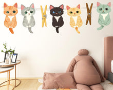 Load image into Gallery viewer, Cute Kitten Wall Decal, Cartoon Cats Wall Stickers, Nursery Animal Wall Art, Kids Room Decor, Kittens Clothesline Vinyl Decals, 248gm