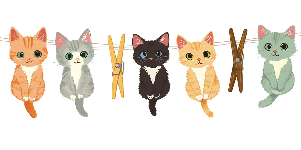 Cute Kitten Wall Decal, Cartoon Cats Wall Stickers, Nursery Animal Wall Art, Kids Room Decor, Kittens Clothesline Vinyl Decals, 248gm
