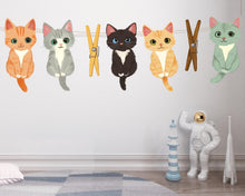 Load image into Gallery viewer, Cute Kitten Wall Decal, Cartoon Cats Wall Stickers, Nursery Animal Wall Art, Kids Room Decor, Kittens Clothesline Vinyl Decals, 248gm