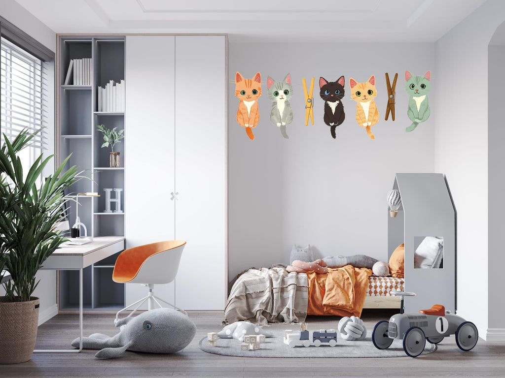 Cute Kitten Wall Decal, Cartoon Cats Wall Stickers, Nursery Animal Wall Art, Kids Room Decor, Kittens Clothesline Vinyl Decals, 248gm