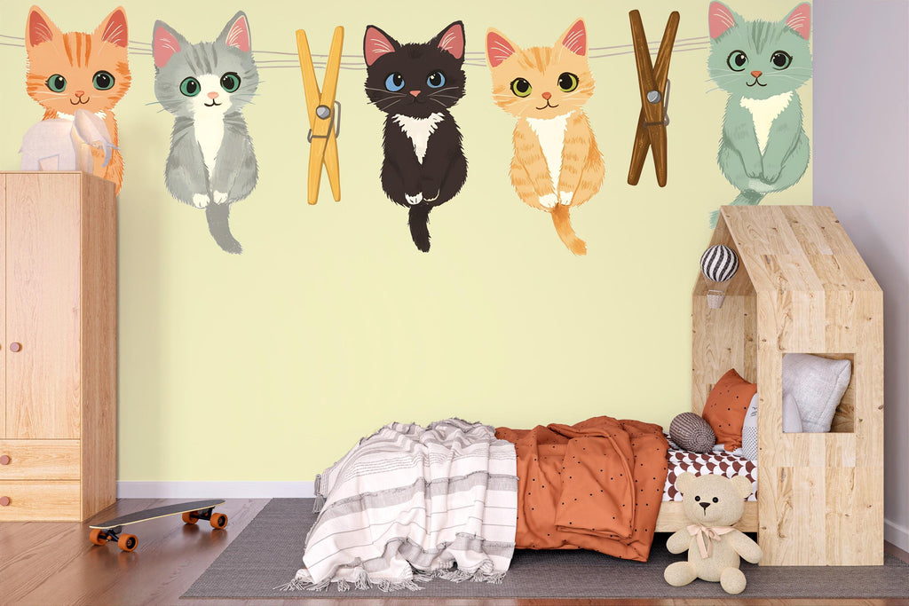 Cute Kitten Wall Decal, Cartoon Cats Wall Stickers, Nursery Animal Wall Art, Kids Room Decor, Kittens Clothesline Vinyl Decals, 248gm