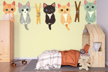 Load image into Gallery viewer, Cute Kitten Wall Decal, Cartoon Cats Wall Stickers, Nursery Animal Wall Art, Kids Room Decor, Kittens Clothesline Vinyl Decals, 248gm