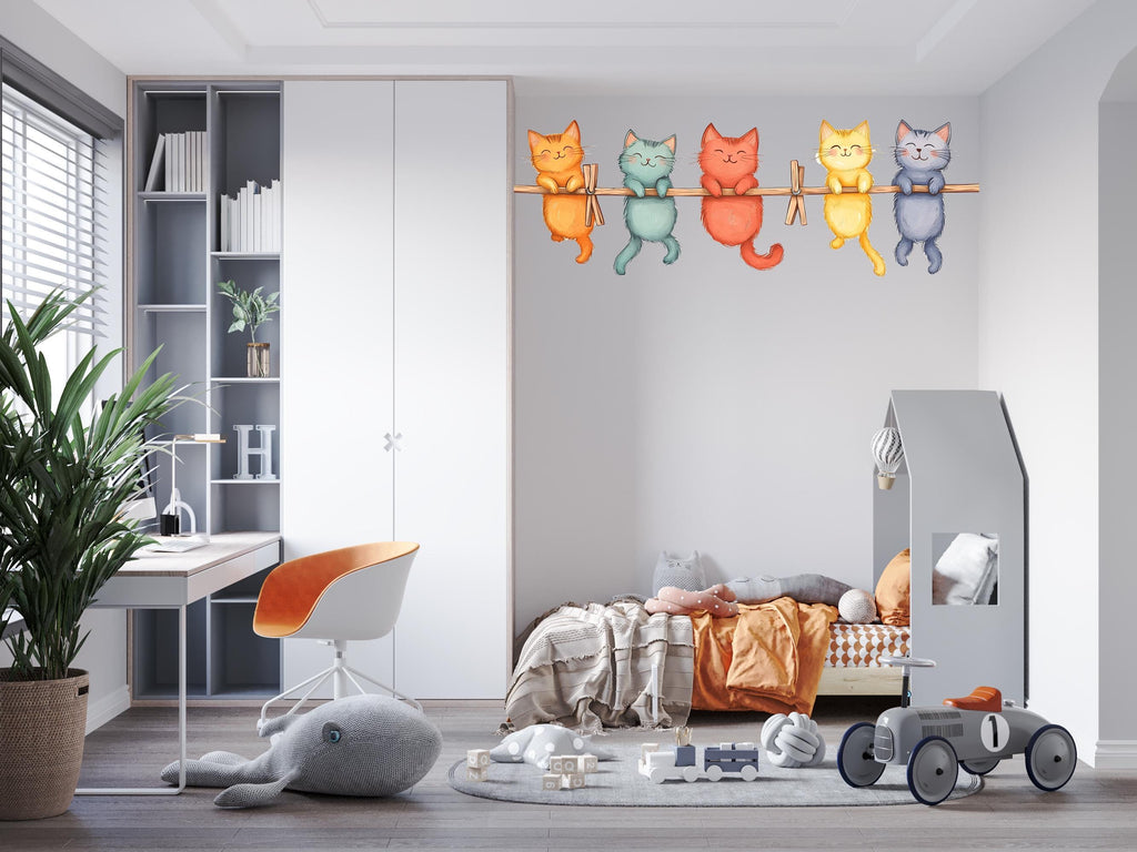 Cute Kitten Wall Decal, Cats on Clothesline Wall Sticker, Nursery Animal Wall Art, Kids Room Decor, Cartoon Cat Vinyl Decals, 249gm