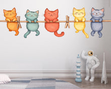 Load image into Gallery viewer, Cute Kitten Wall Decal, Cats on Clothesline Wall Sticker, Nursery Animal Wall Art, Kids Room Decor, Cartoon Cat Vinyl Decals, 249gm