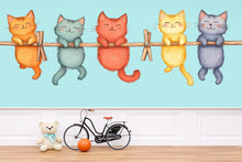 Load image into Gallery viewer, Cute Kitten Wall Decal, Cats on Clothesline Wall Sticker, Nursery Animal Wall Art, Kids Room Decor, Cartoon Cat Vinyl Decals, 249gm