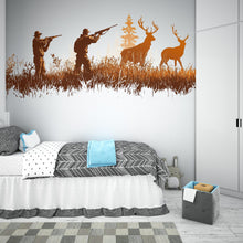 Load image into Gallery viewer, Hunting Wall Decal, Deer Hunting Scene Wall Sticker, Hunter Wall Art, Rustic Cabin Decor, Man Cave Wall Decals, Deer Silhouette Vinyl, 250gm