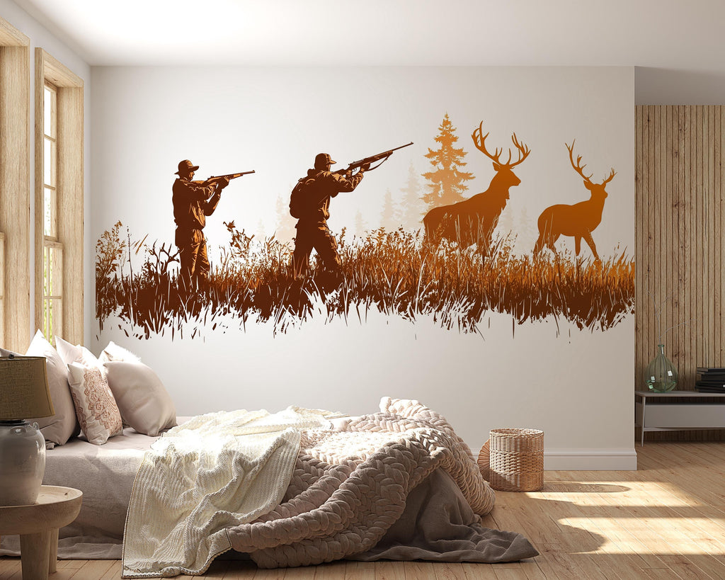 Hunting Wall Decal, Deer Hunting Scene Wall Sticker, Hunter Wall Art, Rustic Cabin Decor, Man Cave Wall Decals, Deer Silhouette Vinyl, 250gm