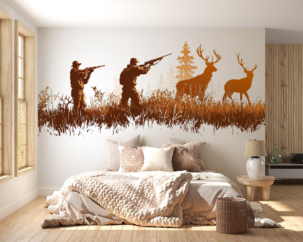 Hunting Wall Decal, Deer Hunting Scene Wall Sticker, Hunter Wall Art, Rustic Cabin Decor, Man Cave Wall Decals, Deer Silhouette Vinyl, 250gm