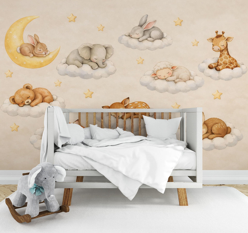 Sleeping Animals on Clouds Nursery Wallpaper, Dreamy wall mural with bunny, fox, fawn, moon, perfect for baby room and kids decor 803LU